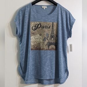 Women's Blue Paris Postcard Dolman Short Sleeve Graphic T-shirt, Size 3X, NWT